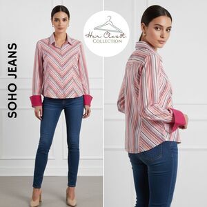 SOHO Jeans Pink Multicolor Stripes Long Sleeves Button Shirt JR. Size Large NWT